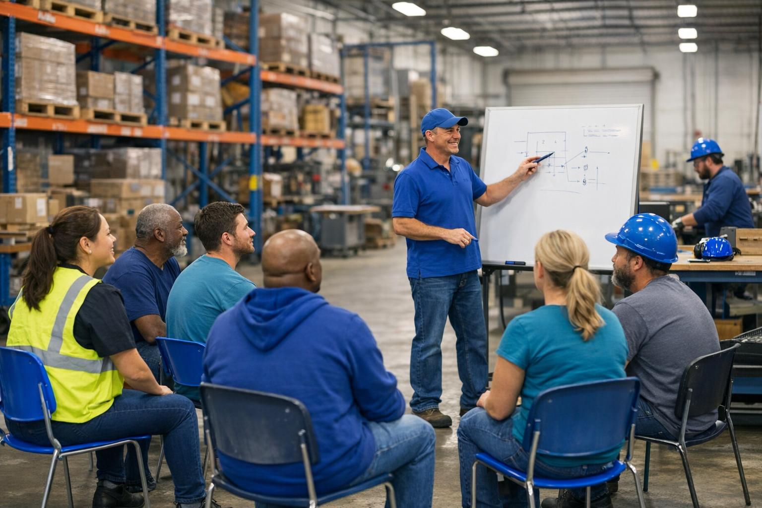 Industrial employees and supervisors on a manufacturing floor discussing staffing and retention