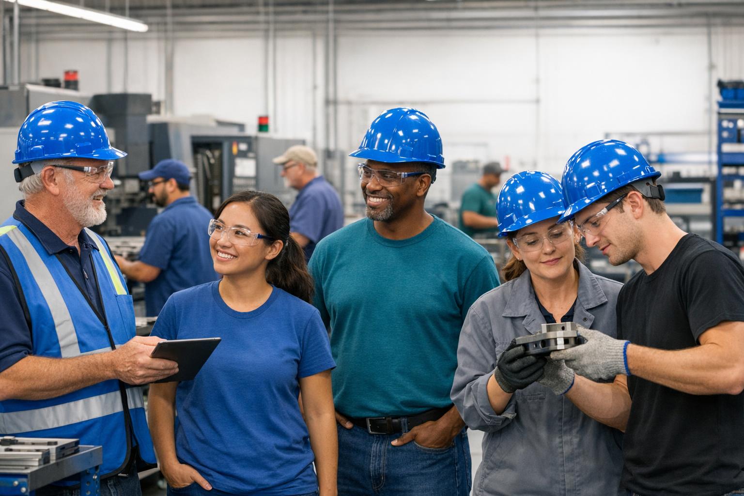 Kansas manufacturing floor with supervisors reviewing staffing and production activity