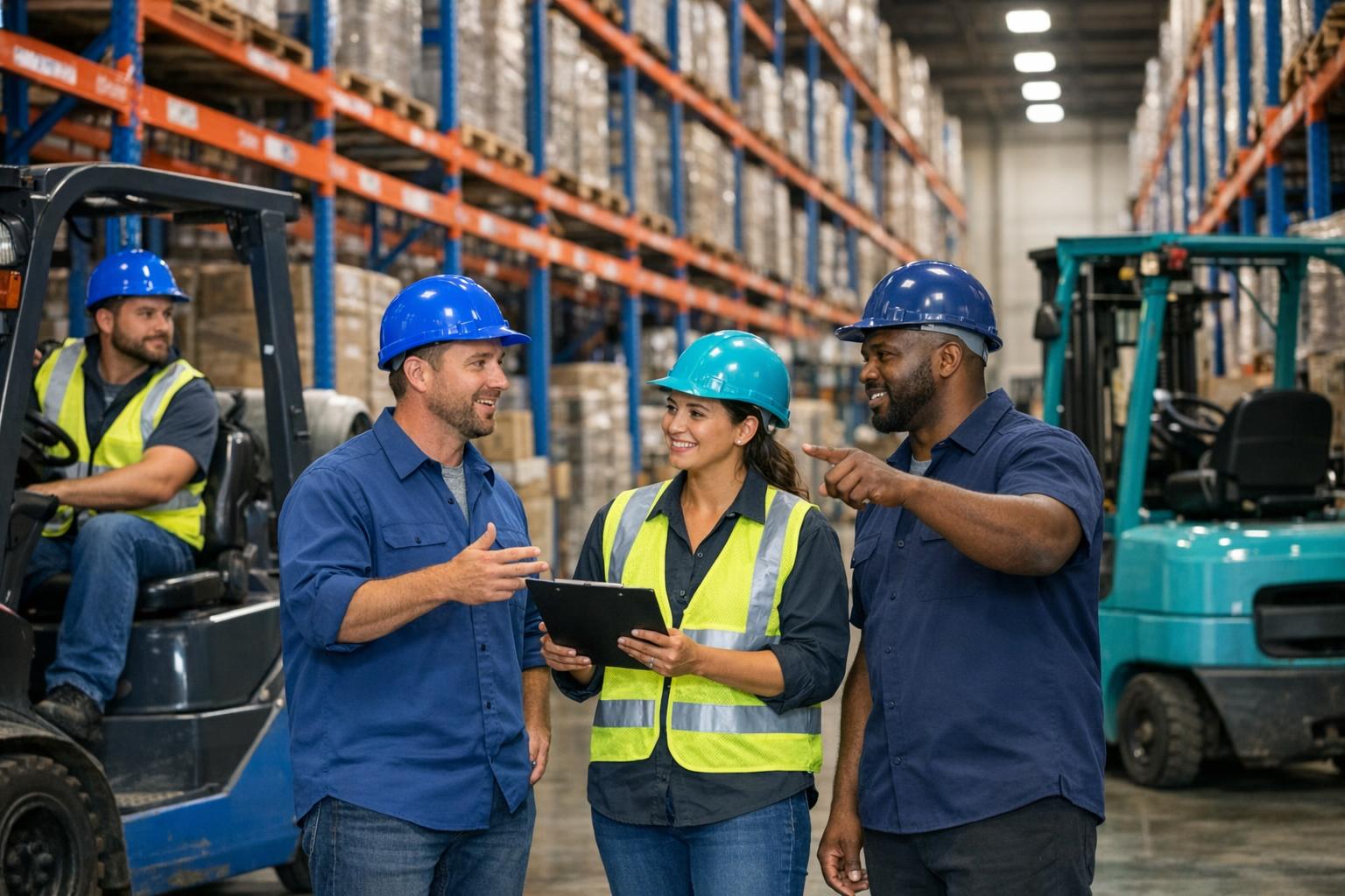 Warehouse team meeting on staffing plans inside a Kansas distribution hub