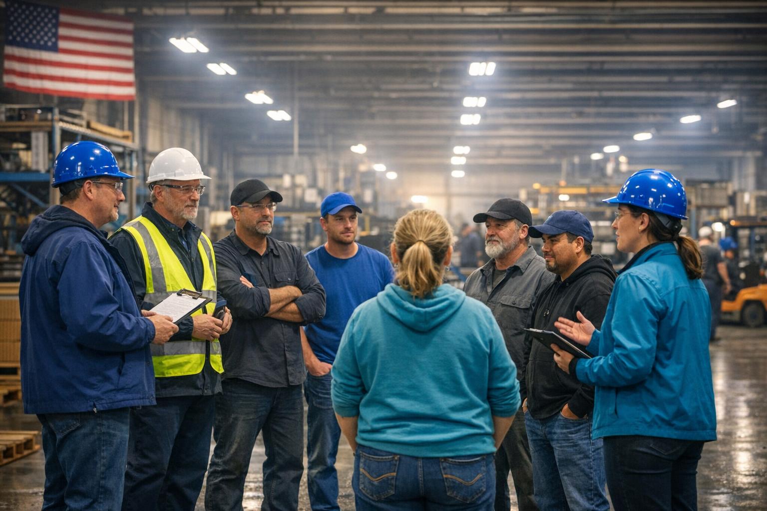 Kansas manufacturing supervisors reviewing shift coverage on a plant floor